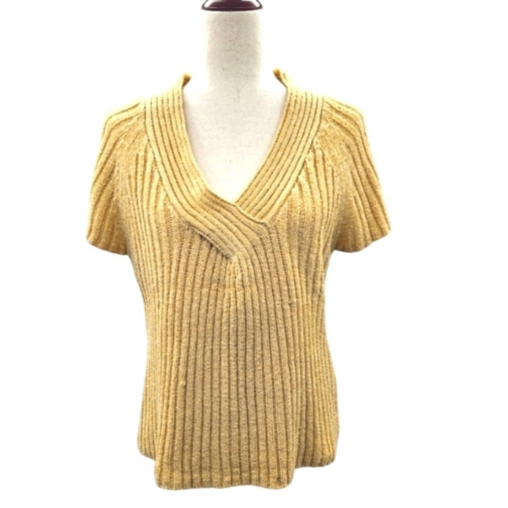 August Silk Knits Women's Tan Ribbed V Neck Short Sleeve Sweater XL